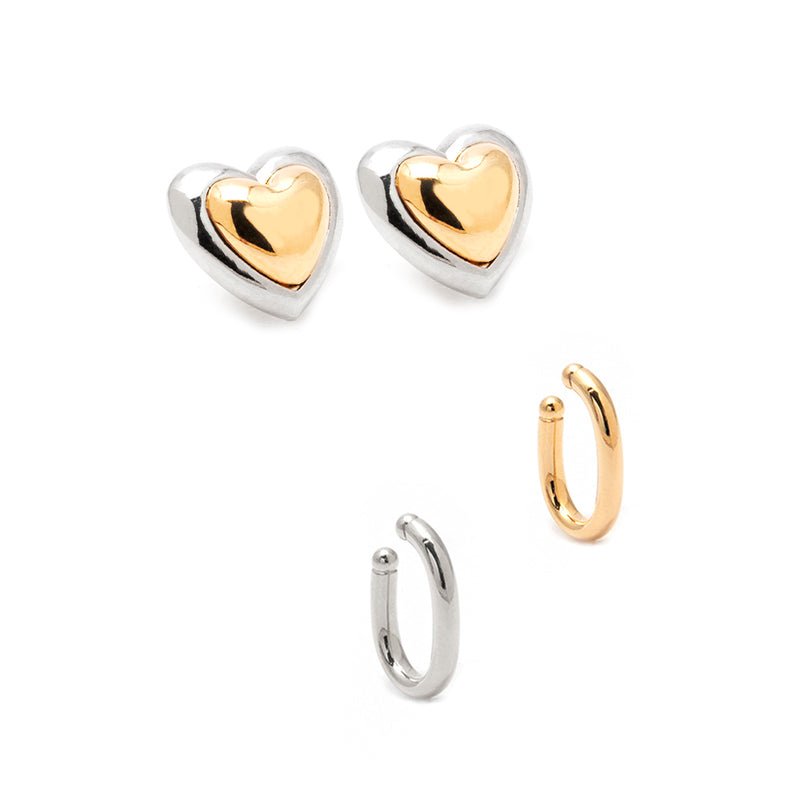 Peças do Kit Lovely: brincos de coração prateados com coração dourado interno e piercings de argola prateado e dourado.